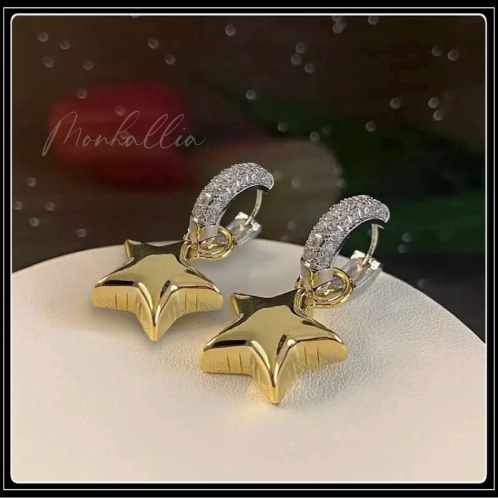 Clearance! NEW GOLD SILVER STATEMENT PUFFY STAR CHUNKY HUGGIE EARRINGS - Picture 3 of 6